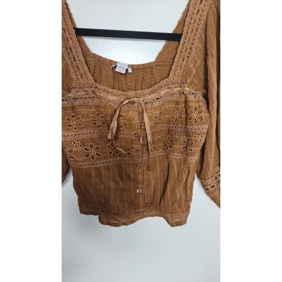 American Eagle Lace Tie Crop Top Long Sleeve Brown Size XS - Picture 3 of 7